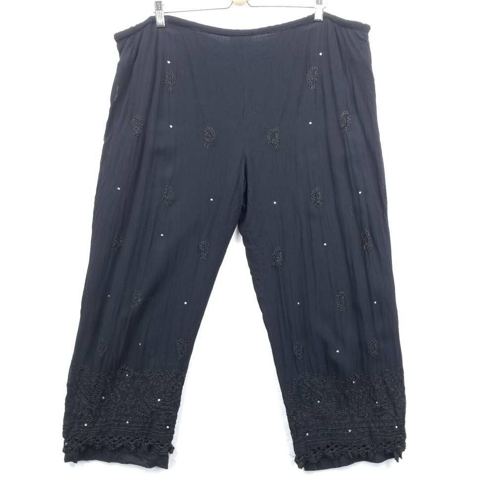 Soft Surroundings Pants Women L/P Embroidered Rhinestone Drawstring Palazzo